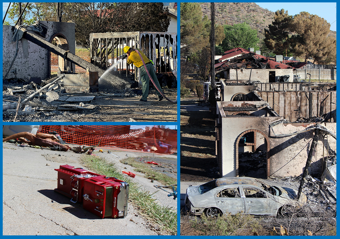 A firefighter works to douse a hotspot following the Spur Fire. Multiple homes were reduced to rubble in the Spur Fire on May 27. A child’s fire truck sits on the sidewalk outside a house.