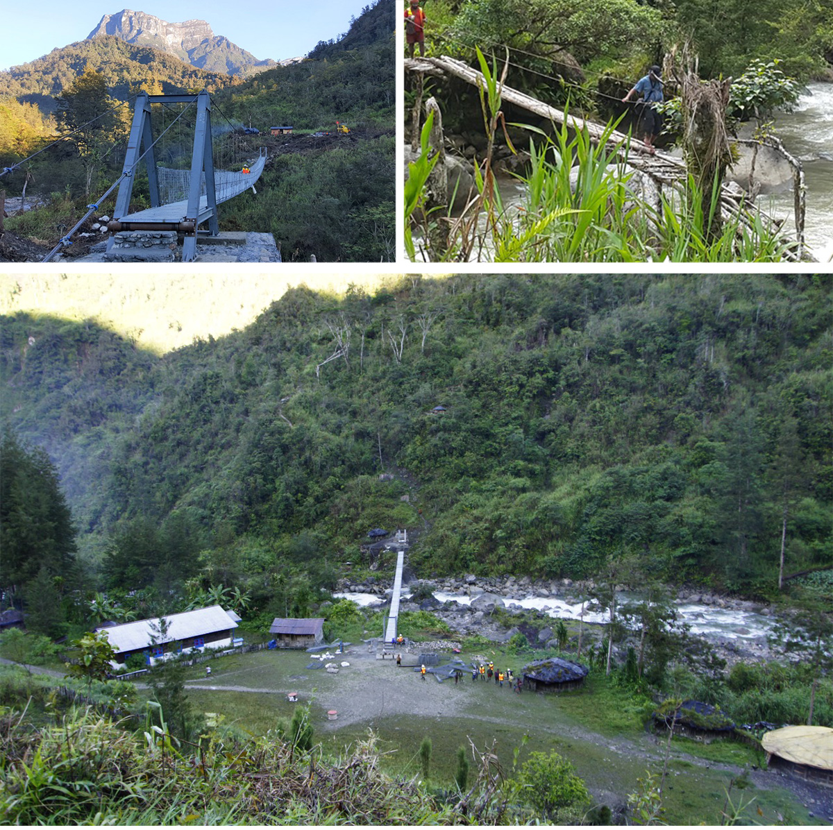 Two new suspension bridges, such as this one, make river crossings in the Hoea Valley safer. This makeshift bridge was replaced with one of the new suspension bridges. The Hoea Valley is now home to two new suspension bridges.