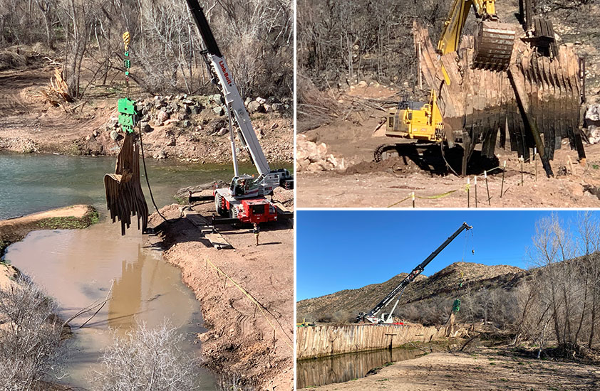 A 100-ton vibratory crane was used to shake panels loose during the removal of a century-old dam that supported a long-closed smelter; Challenging conditions and access issues required the use of both large and small equipment to remove the corrugated steel panels; A heavy crane removes panels in the 320-foot dam on the Verde River.