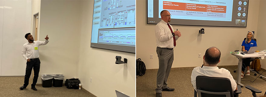 During his final presentation at the Phoenix Collaboration Hub, intern Biya Yebassa explains the work he did to redesign the interface screen used to monitor water pumps at the Henderson mine; Dax Fulton says the people in Bagdad made him feel like family during his internship at the mine.