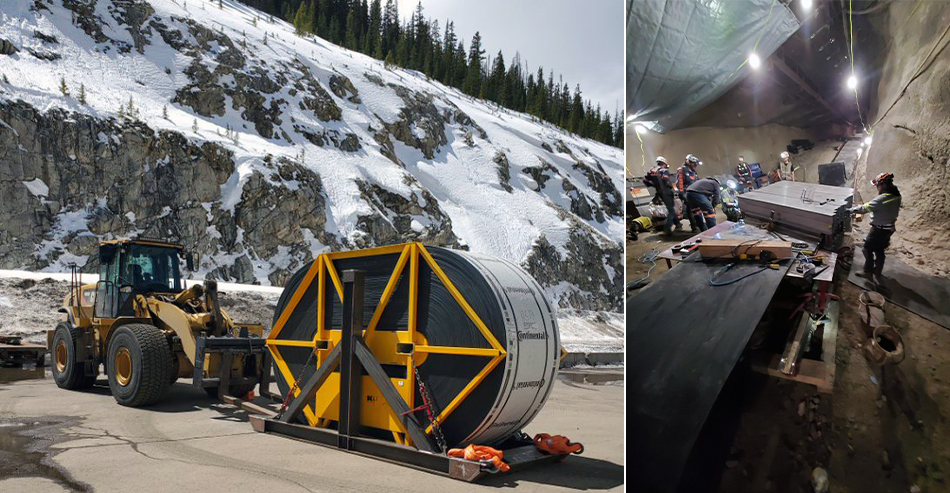 The 8,000-foot conveyor belt was assembled from nine reels of material.
