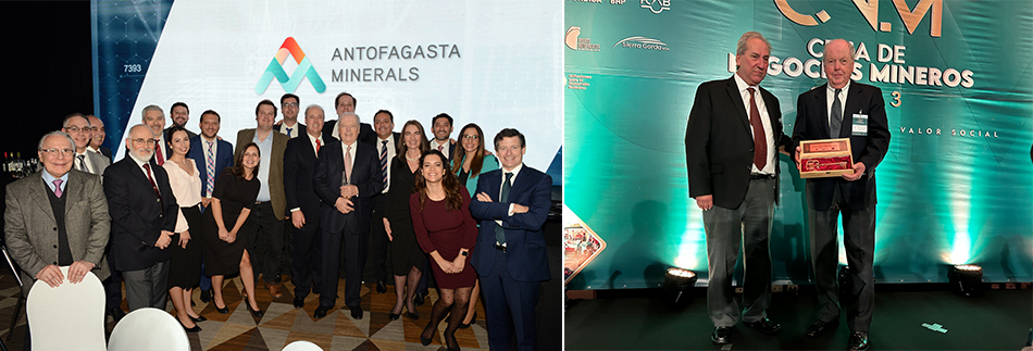 Francisco Costabal celebrates his recognition by multiple industry organizations with Freeport workers in Santiago. Francisco Costabal (center holding award) celebrates his recognition by multiple industry organizations with Freeport workers in Santiago. Francisco Costabal (right) is honored for his half-century of work in the mining industry by the Association of Industrialists of Antofagasta and its president, Marko Razmilic.