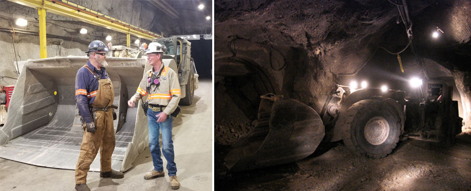 Photos (left to right): : Dave Loring, right, talks with Paul Goodman, Mobile Equipment Diagnostic Mechanic, during a recent walkthrough of the Henderson mine; The Henderson mine manages the hazards of working underground with a strong safety culture.