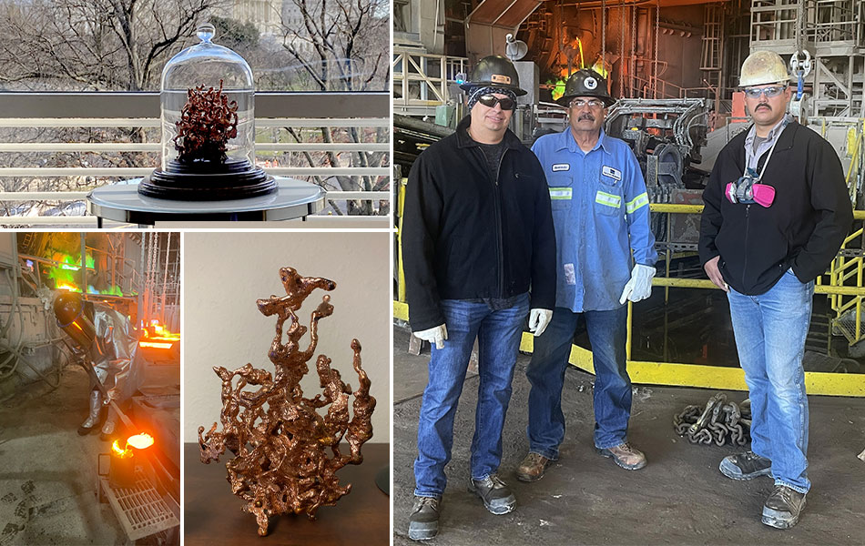 The copper coral artwork produced at Freeport’s Miami smelter is now on display in the lobby of the National Mining Association; The artists who created the copper coral sculpture on display at the National Mining Association are (from left) Victor Melendez, Martin Redondo and Rafael Anaya; Creating a copper coral display requires hours of meticulous work involving molten metal; Victor Melendez uses molten copper to create the unique “copper coral” sculpture.