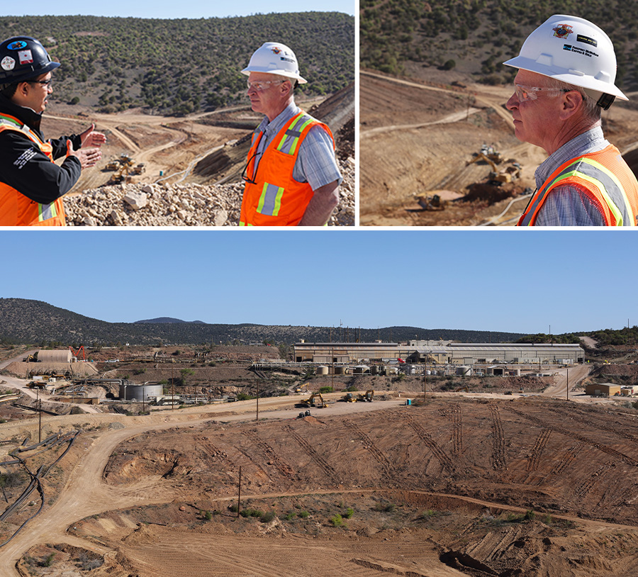 As contractors work below, engineers Jose Carrasco (left) and David Brence discuss the progress of North Lampbright; David Brence is overseeing North Lampbright, which is expected to be under construction for at least two years; In addition to North Lambright (foreground), Chino’s hydromet operation also is being repaired (right) and expanded (left).