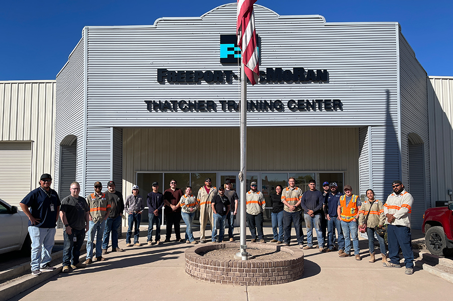 The first group of trainees and instructors from Safford’s new apprentice program gather in front of the Thatcher Training Center in Thatcher, Arizona.