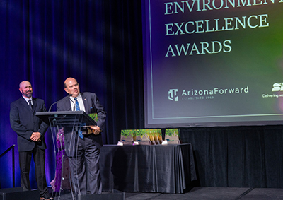 Michael Steward (left) and Sahuarita Mayor Tom Murphy accept the Site Development Award at the recent Arizona Forward ceremony.